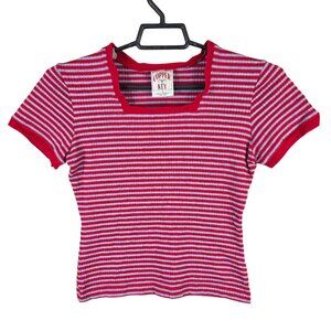 Womens Copper Key Red Gray Striped Top Short Sleeve Square Neck Acrylic Blend S